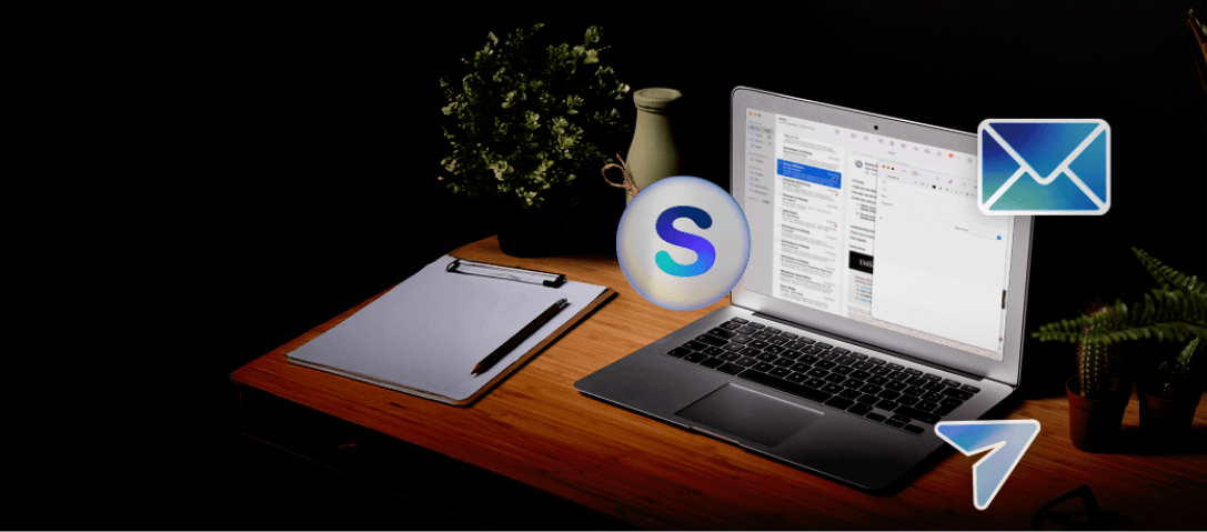 A laptop on a desk showing an email client, beside a clipboard, plant and vase, with floating Selas®, envelope and paper-plane icons.