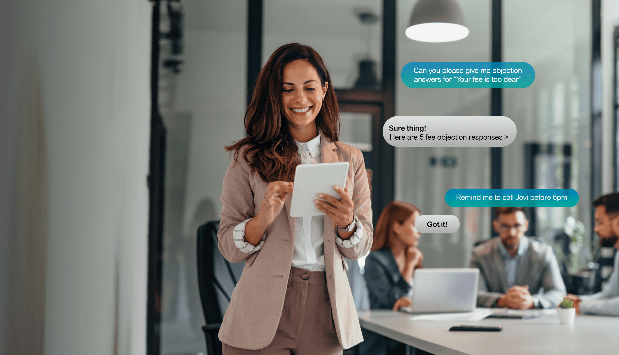 A real-estate professional smiling while reviewing chat-style coaching prompts on her tablet — sample messages show an agent asking Selas® for fee-objection answers and getting a reply, plus a reminder to call a client before 6pm.