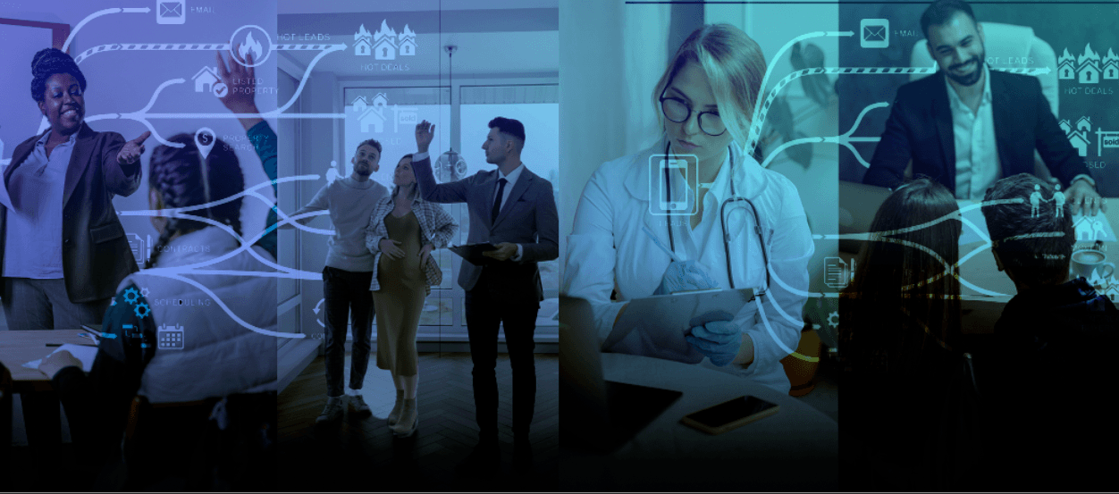 A three-panel collage of different professionals — a presenter leading a team, a clinician, and a businessman reviewing a tablet — linked by the Selas® network of icons, illustrating a tailored journey for every client.